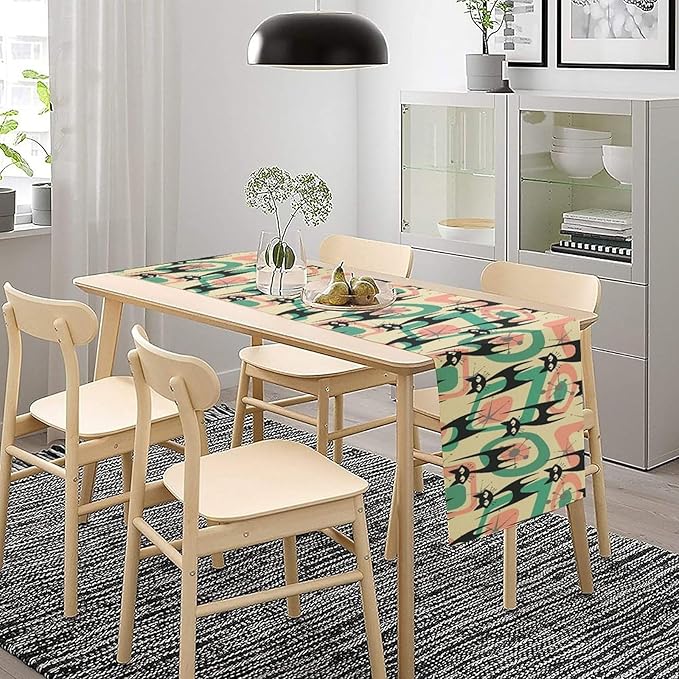 Mid Century Table Runner Black Cat Abstract Geometric Retro Art Printed Dinner Runner for Home Kitchen Dining Table Decor Fabric 1 Panel W13xL70in