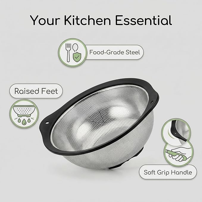 304 Stainless Steel Colander 3-Quart, Heavy Duty Metal Strainer with Riveted Handles, Micro-Perforated Food Strainer for Draining Pasta, Orzo, Rice, Berry, Stable Ring Base, Rust Free