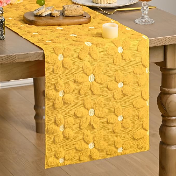 Artoid Mode Yellow Soft Plush Faux Fur Jacquard Embroidery Daisy Spring Table Runner, Kitchen Dining Table Decoration for Home Party Decor 13x90 Inch