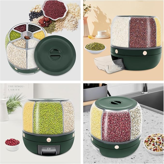 Cereal Dispenser, 6-grid 360° Rotating Grain Dispenser, 6 in 1 Sealed Clear Rice Dispenser, 6kg/13.2lbs Grain Storage Container, PET Round Granular Dry Food Dispenser, 10.63*10.63in Dark Green