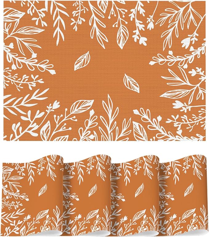 Artoid Mode Orange Weed Wild Flower Vinyl Plastic Placemats Set of 4, 12x18 Inch Woven Washable Non-Slip PVC Place Mats for Party Kitchen Dining Decor