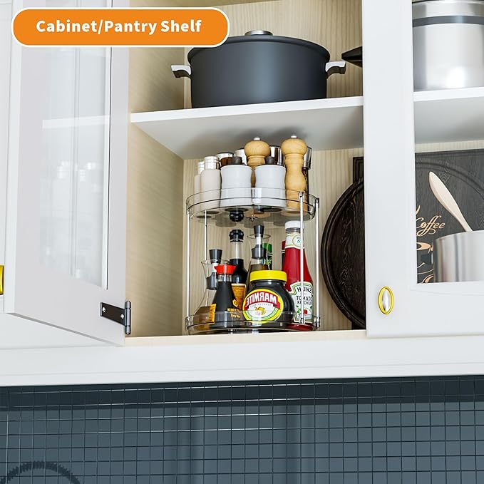 2 Pack 2 Tier Lazy Susan Spice Rack for Cabinet,Countertop and Pantry,9.5"W Small Rotating Turntable Organizer for Condiment,Pill Bottle,Vitamin,Medicine Cabinet Organizers and Kitchen Spice Organizer