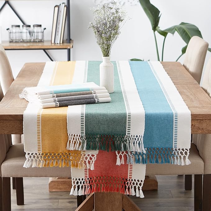 DII Dobby Stripe Woven Table Runner, 13x72, Brown
