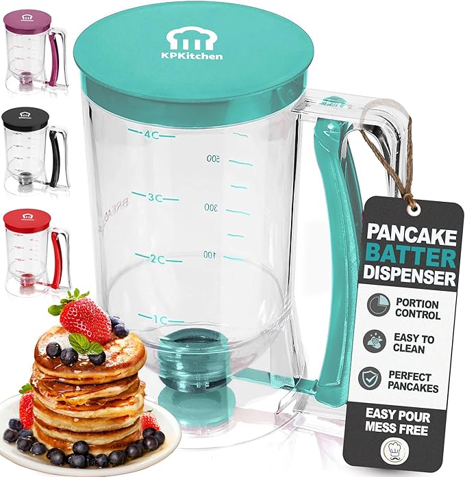Pancake Batter Dispenser - Kitchen Must Have Tool for Perfect Pancakes, Cupcake, Waffle, Muffin Mix, Cake & Crepe - Easy Pour Baking Supply for Griddle - Pancake Maker with Measuring Label (Turquoise)