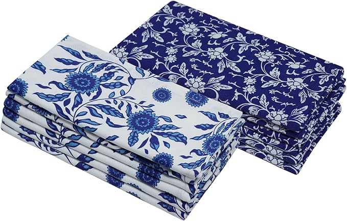 COTTON CRAFT Cloth Napkins – Set of 12 Pure Cotton Twill 6 Blue on White & 6 White on Blue Printed Reusable Napkins with Mitered Corners – Dinner Lunch Soft Absorbent Machine Washable - 17 x 17