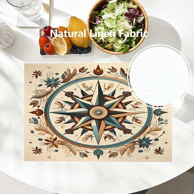 Batmerry Compass Rose Placemats, Floral Themed Design Washable Linen Table Mats for Kitchen Table Double Insulation Decor Dining Set Indoor Outdoor 12X18 in Set of 6
