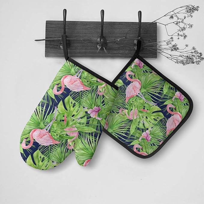 Watercolor Illustration Tropical Leaves Oven Mitts & Pot Holders Sets 2pcs Summer Pink Flamingo Decorative Kitchen Heat Resistant Non-Slip Hot Pad for Cooking Oven Gloves Baking BBQ