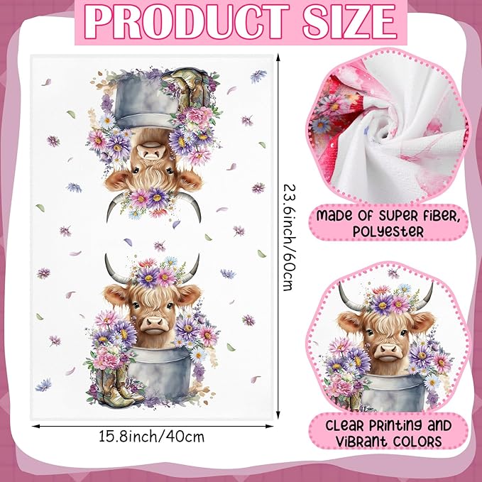 Oudain 6 Pcs Highland Cattle Farmhouse Kitchen Towels Highland Cow Farmhouse Hand Towels 24" x 16" Absorbent Sunflower Floral Dish Tea Coths for Bathroom Home Gift Decor