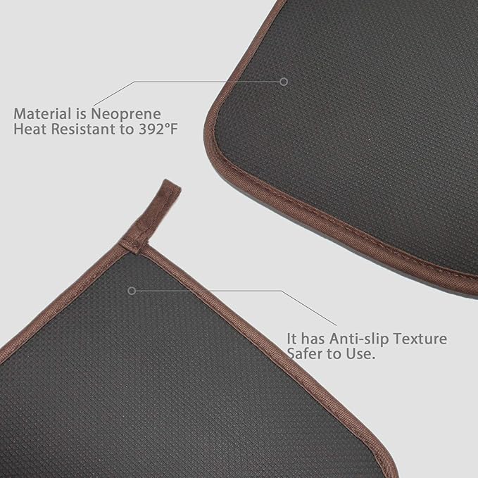 2Pcs Cotton and Neoprene Oven Pads Pot Holders with Pocket 8"x8.5" Dual-Function Hot Pad Set for Finger Hand Wrist Protection Heat Resistant to 428°F,Brown