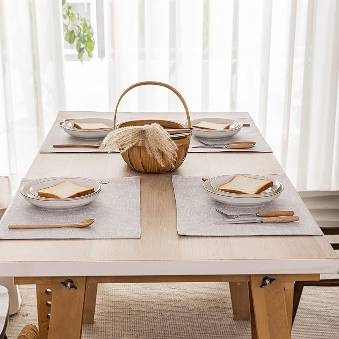 Kevin Textile Burlap Linen Placemats Set of 6 Heat Resistant Dining Table Place Mats Washable Kitchen Table Mats for Dinning Party Holiday Indoor Outdoor, 13 x19 inches, Grey White