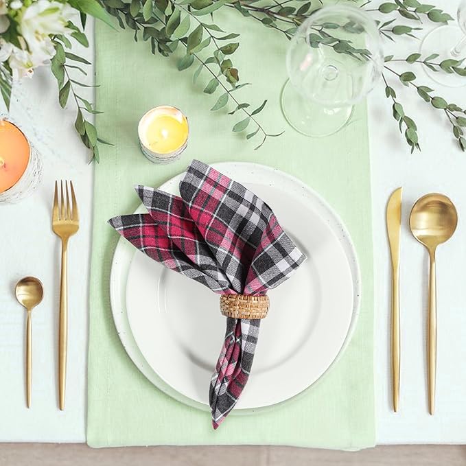 NATURALCRAFT Dinner Cloth Napkin Cotton LinenBlend Fabric Mitered Corners for Every Day Use Napkins are Pre Shrunk and Good Absorbency Yarn Dyed Check (18x18, Multi Color Check (Fuchsia Black))