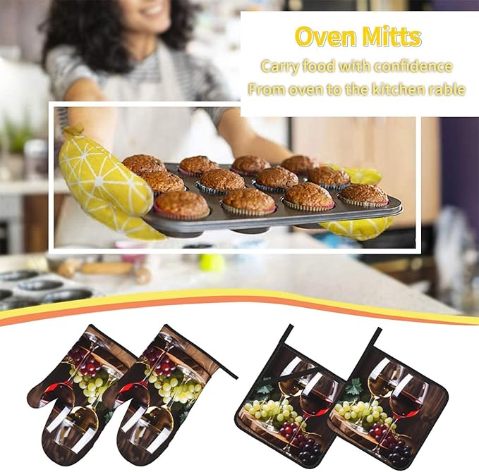 Red and White Wine Oven Mitts and Pot Holders Sets Grape Wooden Kitchen Oven Gloves Heat Resistant 500 Degrees Oven Mitt and Hot Pad for Cooking BBQ Baking Grilling