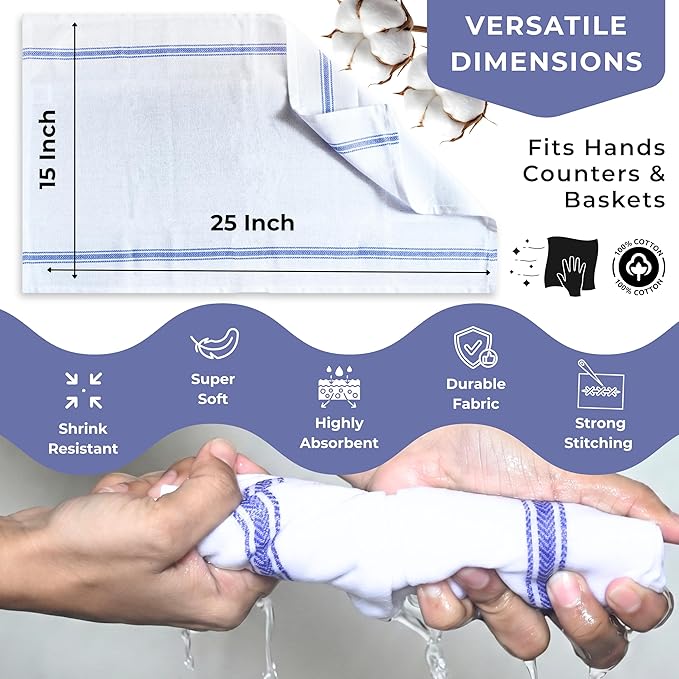Bulk Kitchen Towels Cotton for Chefs in Commercial Restaurants - 15"X25" - 6 Pack - White Linen Tea Dish Towels - Lint Free Soft Absorbent Side Blue Striped Herringbone Weave Towles