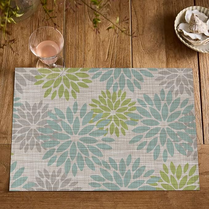 Artoid Mode Floral Vinyl Placemats Set of 4, Heat Resistant Washable Non-Slip Plistic PVC Place Mats for Party Kitchen Dining Decor, Sage