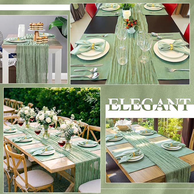 Patelai 19 Pcs Sage Green Table Runner Sets, 6 Placemats 6 Square Napkins with Napkin Rings Sets for Kitchen Dining Table Wedding Baby Shower Party Decorations
