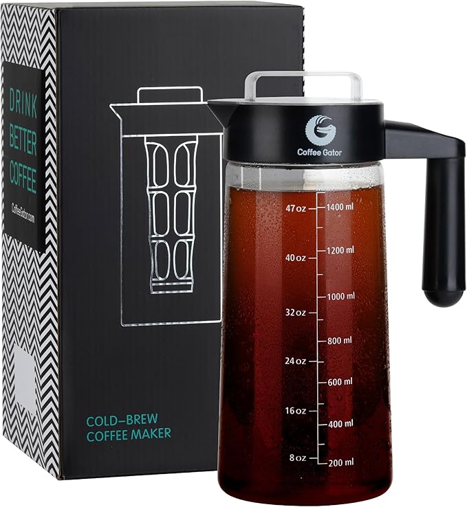 Coffee Gator Cold Brew Coffee Maker - 47 oz Iced Tea and Iced Coffee Maker and Pitcher with Borosilicate Glass Carafe, Filter - Black