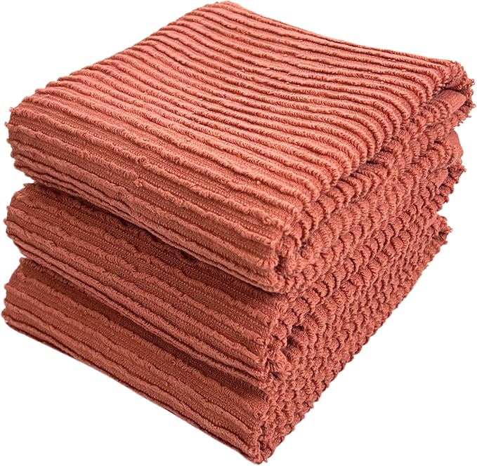 Serafina Home Peach Coral Salmon Kitchen Hand Dish Towels: Oversized 28" x 18",100% Cotton Cloth Soft Cleaning Drying Absorbent Ribbed Design, Set of 3 Multipurpose for Everyday Use (Peach)