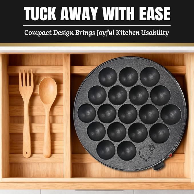 FineMade Takoyaki Maker Pan with Temperature Control, Tools and Recipes, Make 18 Japanese Octopus Balls at once, Easy to Use and Store