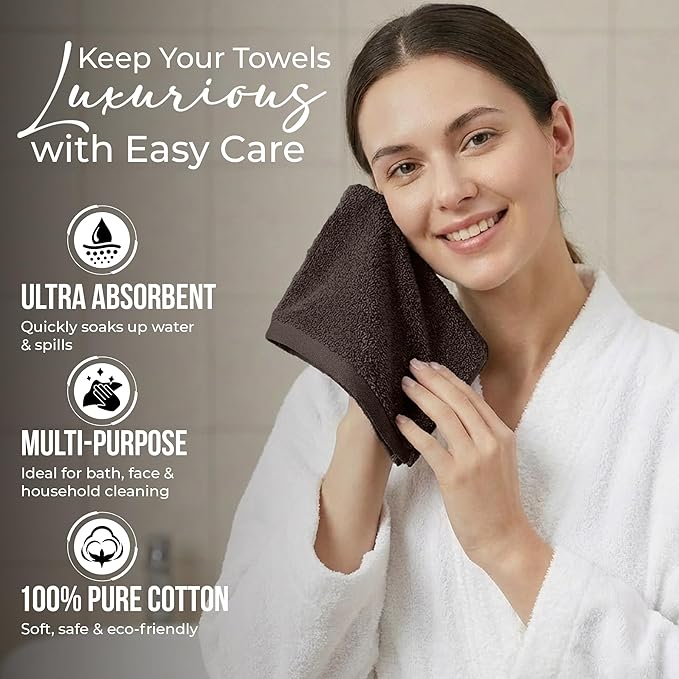 RIVERSIDE Pack of 12 Washcloths, 12 x 12 Inches, 100% Cotton, Premium Flannel Face Cloths, Highly Absorbent & Soft Feel Fingertip Towels (Coffee Brown, 12 Pack)