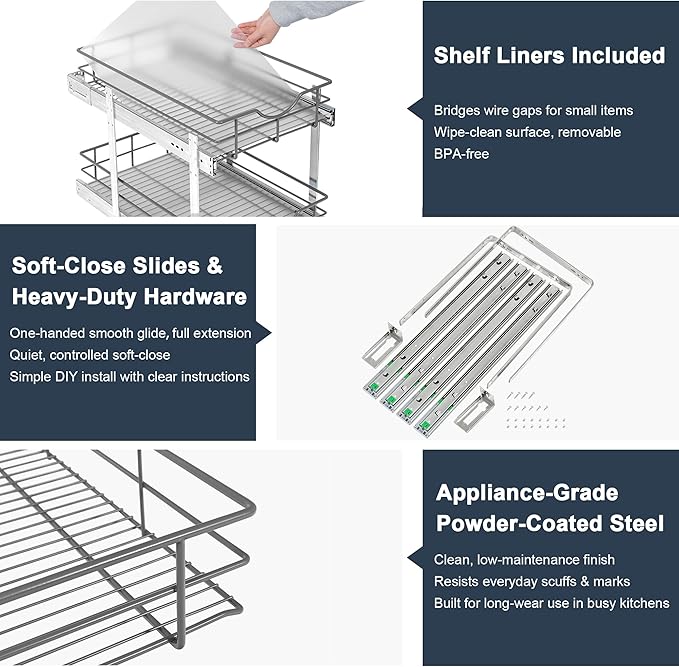 2 Tier Pull Out Cabinet Organizer - 20" W x 22" D Soft Close Slide Out Shelves with Shelf Liners - Pullout Drawers for Kitchen Cabinets, Pantry, Bathroom, Heavy Duty Steel Wire Baskets