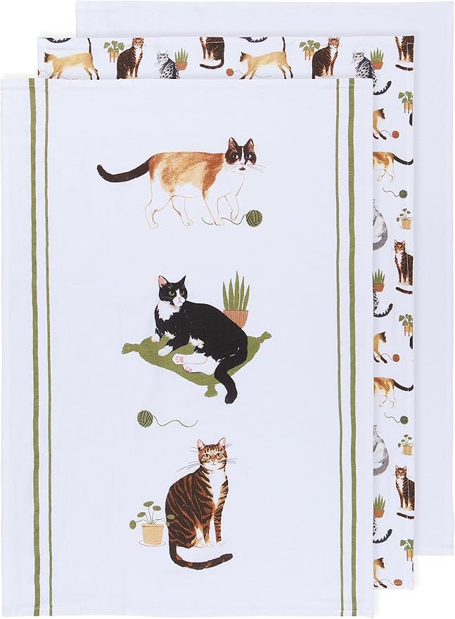 Now Designs Floursack Kitchen Towels Quick Dry Cotton Hand Towel Set, 3 Count, Cat Collective, 20 x 30 in