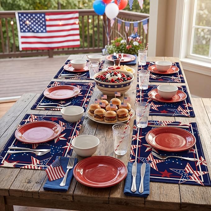 4th of July Red White Blue Star Placemats, USA 250th Anniversary 1776-2026 Independence Day Watercolor Star Table Mats, Washable Patriotic Placemats for Memorial Day Party Decor, Set of 6
