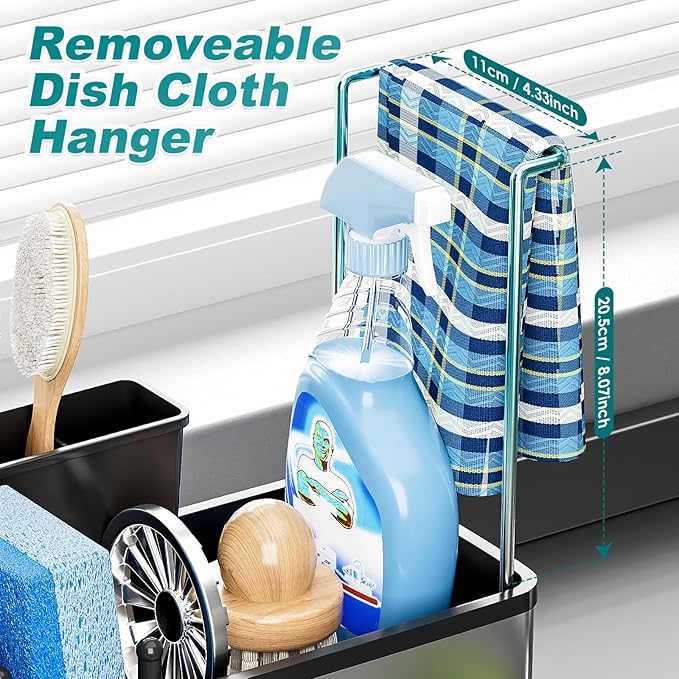 Ewaiira Stainless Steel Sink Caddy, Sponge Holder for Kitchen Sink with Brush Holder Dishcloth Rack, Rustproof sink Organizer Countertop, Soap Dispenser Kitchen Organizers Storage Essentials,9.8″Black