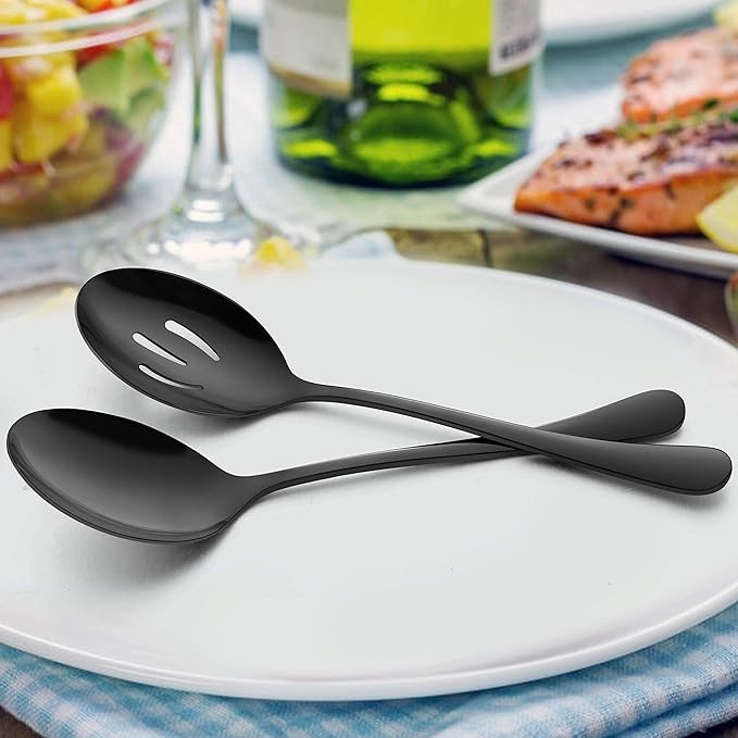 LIANYU 6-Piece Large Black Serving Spoons, Black Slotted Spoons, Stainless Steel Serving Utensils for Party Buffet Restaurant Banquet Dinner Catering, 9.8Inch, Dishwasher Safe