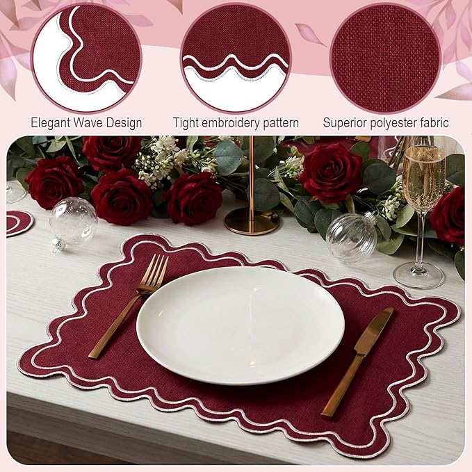 HunnmingRe Set of 6 Cotton Linen Placemats, 13x19 Inch Scalloped Wavy Embroidery Placemat Double Layered Washable Rustic Rectangle Dinner Table Mats for Wedding Home Decor(Burgundy with White)