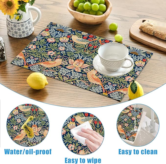 Strawberry Thief William Morris Placemats Set of 6, Floral Bird Washable Linen Place Mat Heat Resistant Non Slip Kitchen Dining Table Mats 12x18 Inch