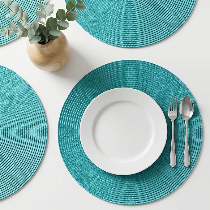 AHHFSMEI Round Placemats Set of 6 Heat Resistant Washable Non-Slip Woven Braided Table Mats for Dining Table Kitchen & Home Decor (Turquoise)