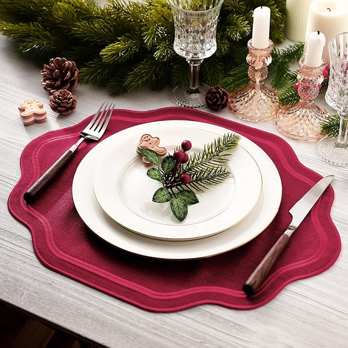 Breling 6 Pcs Wedding Placemats Scalloped Embroidered Cotton Linen Placemats 17" x 13" Double Layered Machine Washable Table Place Mat for Party Table Decor (Wine Red)
