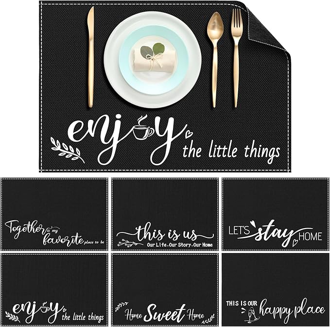 Farmhouse Placemats Set of 6 Linen Placemats 18x12'' Rustic Table Mats with Sayings Housewarming Gifts Country Tablemats Washable Cloth Place Mats for Farmhouse Table Setting(Black)