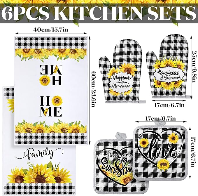 Leinuosen 6 Plaid Sunflower Kitchen Towels Kitchen Decor and Accessories Set Floral Plant Oven Mitts and Pot Holders Sets Farmhouse Absorbent Dish Towels for Cooking Baking Grilling