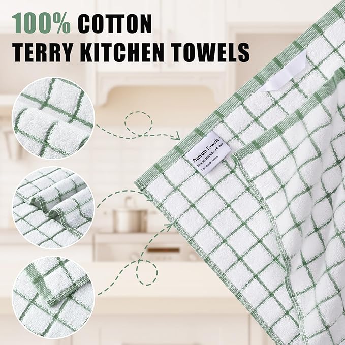 Homaxy Premium Kitchen Towels(16”x 28”, 8 Pack), Large Ring Spun Cotton Dish Towels, Super Absorbent Soft Terry Kitchen Hand Towels, Check Design Tea Towel Set with Hanging Loop, Grass Green