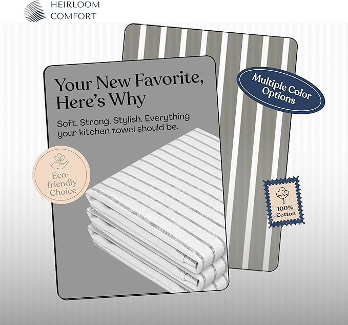Ash Grey Striped Dish Towels 12 Pack, Ultra Absorbent, Classic Stripe Towel Set, Quick Dry Cotton Kitchen Towels for Cleaning Counters, Drying Dishes, Everyday Cleanup