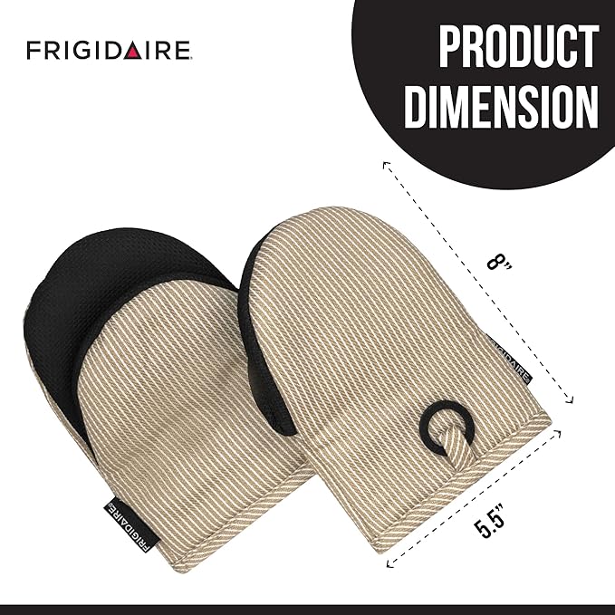 Frigidaire Layla 2-Pack Cotton and Neoprene Mini Oven Mitts, Heat Resistant, Anti-Slip, Machine Washable, 5.25" x 8", Beige, Set of 2