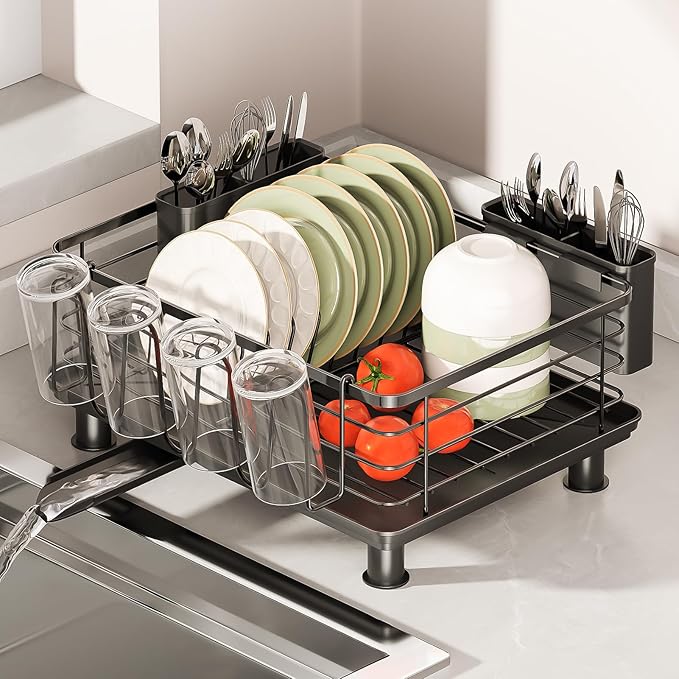 PureBox Dish Drying Rack with 2 Utensil Holders, Rustproof Metal Kitchen Counter Organizer with Cup Holder & Drain Board, Large Capacity Dish Rack for Sink, Black