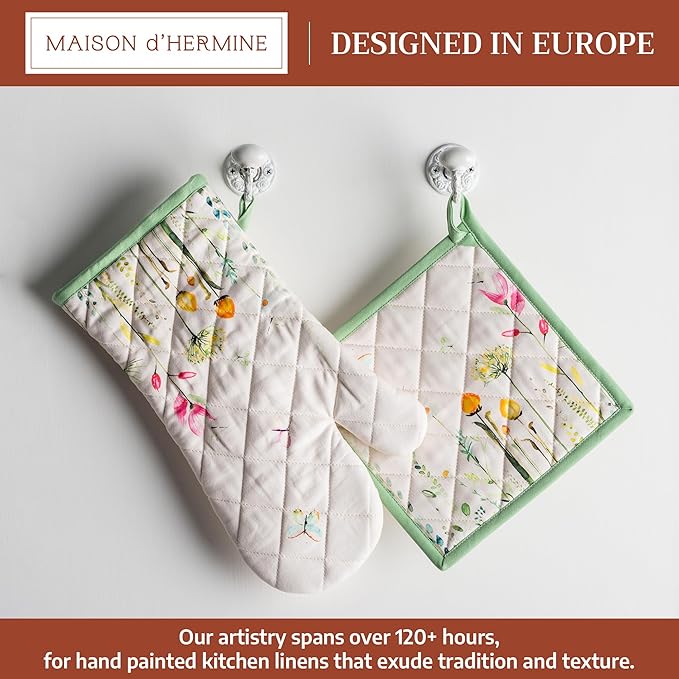 Maison d' Hermine 100% Cotton Oven Mitt & Pot Holder Set (7.5"x13" & 8"x8") Heat Resistant Cooking Gloves with Loop Baking Grilling Kitchen Gifts for Mothers Day Spring/Summer (Botanical Fresh)