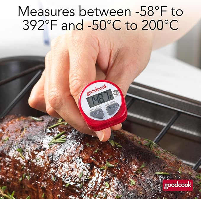 GoodCook Everyday Digital Food Thermometer Instant Read with Stainless Steel Probe, Fahrenheit & Celsius Display & Includes Storage Sleeve, Red