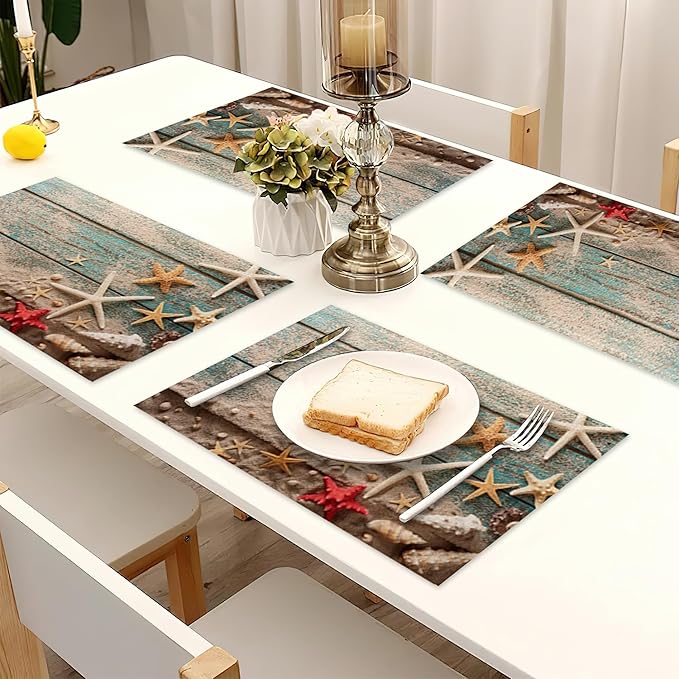 Beach Seashell Starfish Placemats Set of 6,Blue Wooden Heat Resistant Table Mats Washable Place Mats for Party Kitchen Farmhouse Home Dining Holiday Decor 12x18 Inch