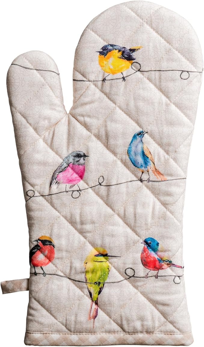 Maison d'Hermine Oven Gloves 100% Cotton Oven Mitt 7" x 13" with Loop Heat Resistant, BBQ, Cooking Gloves, Baking, Grilling, Kitchen, Handling Hot Pans Spring/Summer (Pack of 1, Birdies On Wire)
