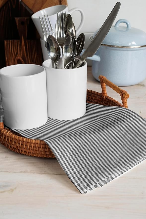Encasa XO Cotton Kitchen Towel Set | Hand and Tea Cloth for Cleaning & Quick Drying, X-Large 28"x18" (Pack of 4) Highly Absorbent - Ticking Black