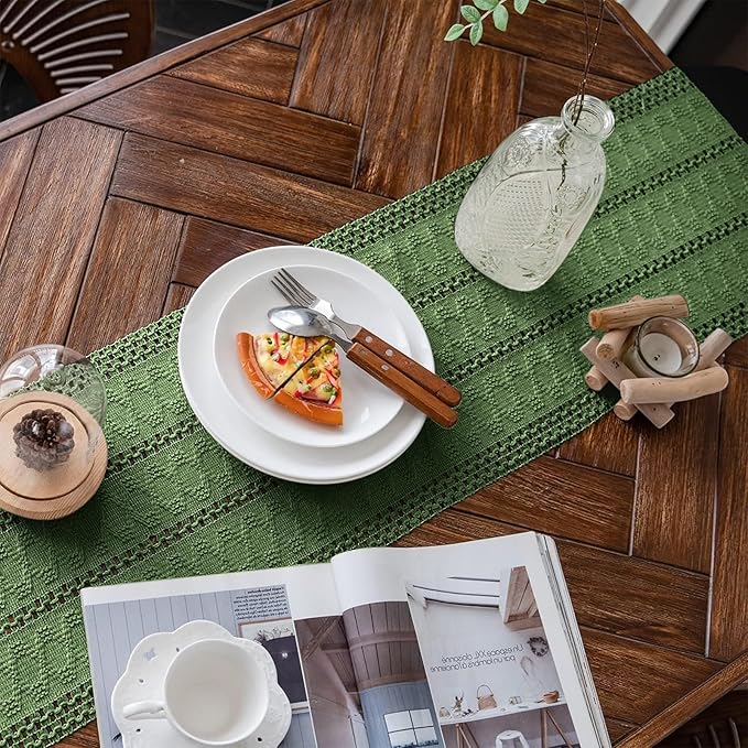 Alynsehom Macrame Table Runner Green Boho Table Runners with Tassels Hand Woven Cotton Table Runner Rustic Farmhouse Table Runners for Bohemian Kitchen Dining Table(12x71in)