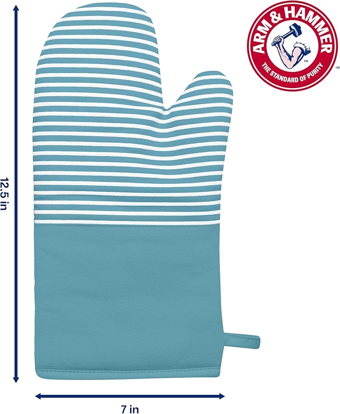 Arm & Hammer Striped Oven Mitts, Heat Resistant, Non-Slip Silicone Grip, 2 Pack, Teal