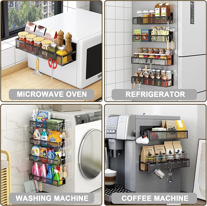 Aufworld Magnetic Spice Rack for Refrigerator, 6 Pack Magnetic Shelf, Fridge Magnet Organizer with Moveable 12 Hooks, Magnetic Fridge Shelf for Kitchen Organization and Storage (6 Pack)