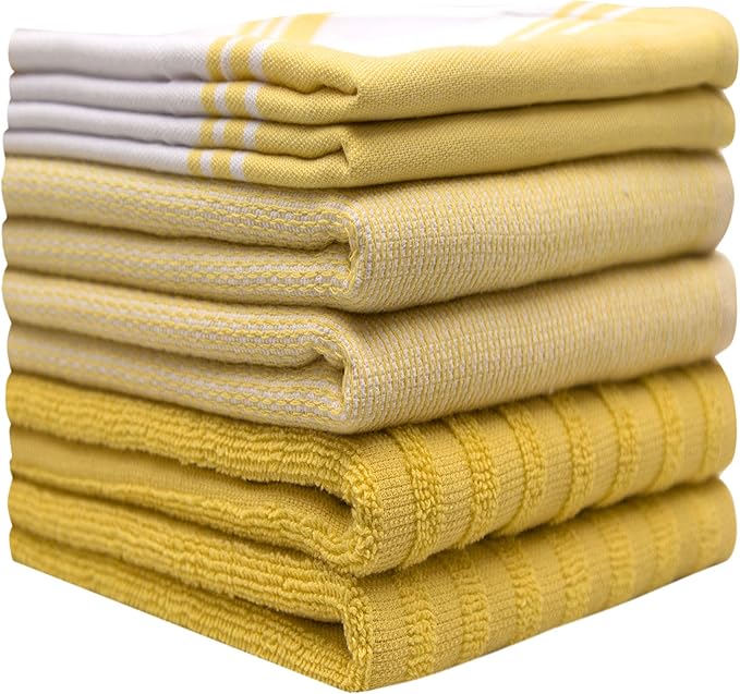 Premium Kitchen Towels (20”x 28”, 6 Pack) | Large Cotton Dish Towels | Flat & Terry Highly Absorbent Kitchen Linen Set with Hanging Loop | Wide Stripe Yellow