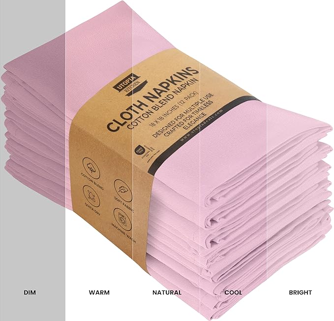 Utopia Kitchen Pink Cloth Napkins [12 Pack, 18x18 Inch] Absorbent Cotton Blend Washable and Reusable for Dinner, Restaurant, Lunch, Wedding and Hotel