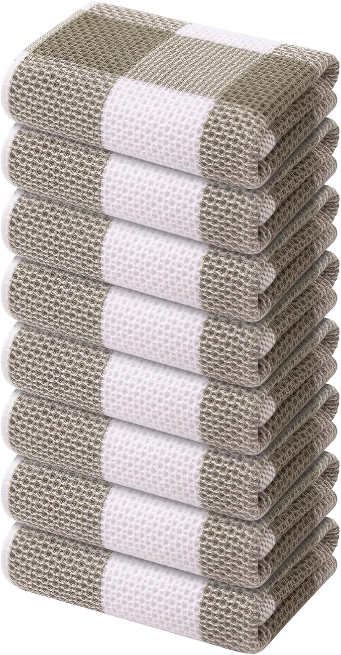 Mordimy 100% Cotton Waffle Weave Kitchen Towels, 13 x 28 Inches, Super Soft and Absorbent Buffalo Check Dish Towels for Drying Dishes, 8-Pack, Khaki & White