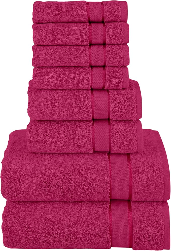 Elegant Comfort Premium Cotton 8-Piece Towel Set, Includes 4 Washcloths, 2 Hand Towels and 2 Bath Towels, 100% Turkish Cotton - Highly Absorbent and Super Soft Towels for Bathroom, Hot Pink